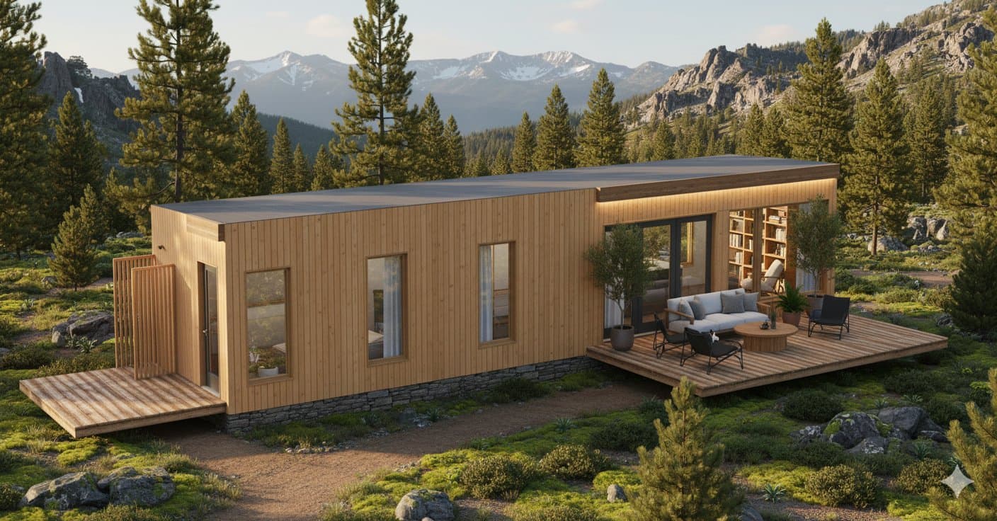 Montera modular home exterior — side profile showing roofline and entry detail